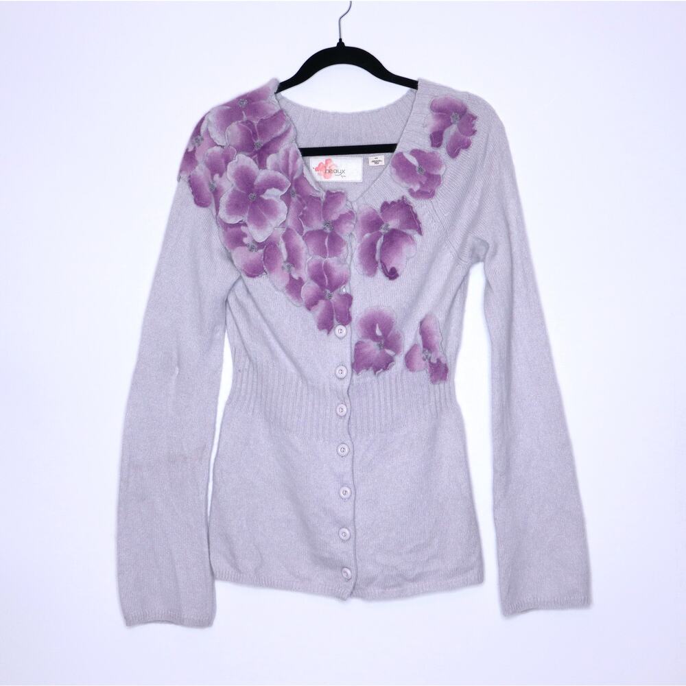 Anthropologie Beaux By Bo Lavender Cardigan with Purple Floral Appliqué